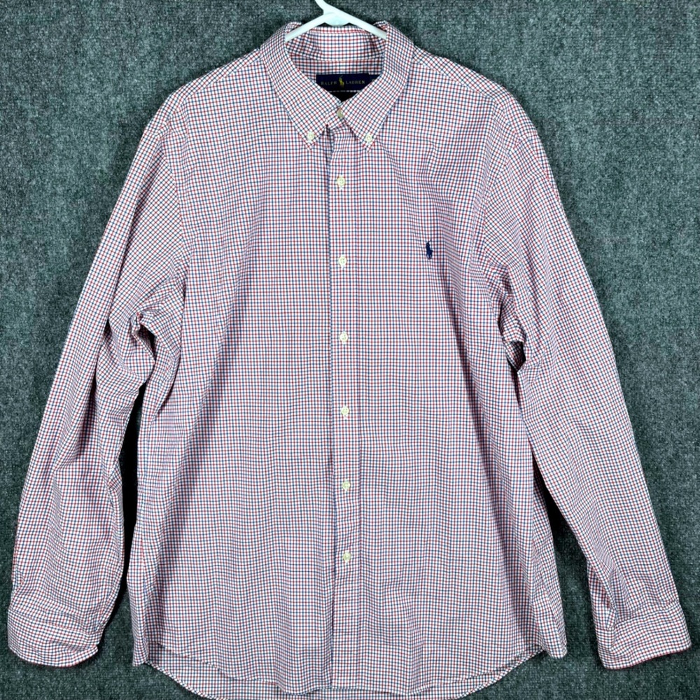 Ralph Lauren Button Down Mens XL Red White Blue Check Cotton Stretch Long Sleeve - Picture 3 of 8